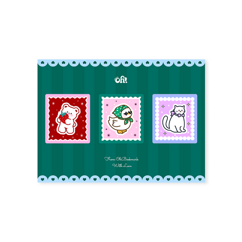 Cute animal stamp page clip bookmark set with three illustrated designs