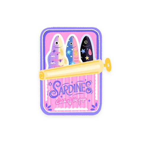 Catch of the Page Sardine Bookmark Set with three colorful fish bookmarks in a pink tin-shaped holder