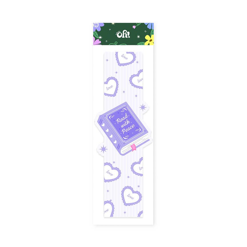 Read With Peace lavender heart shaped bookmark with book illustration