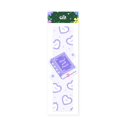 Read With Peace lavender heart shaped bookmark with book illustration