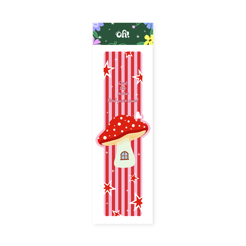 Red stripe mushroom house shaped bookmark with whimsical cottage artwork