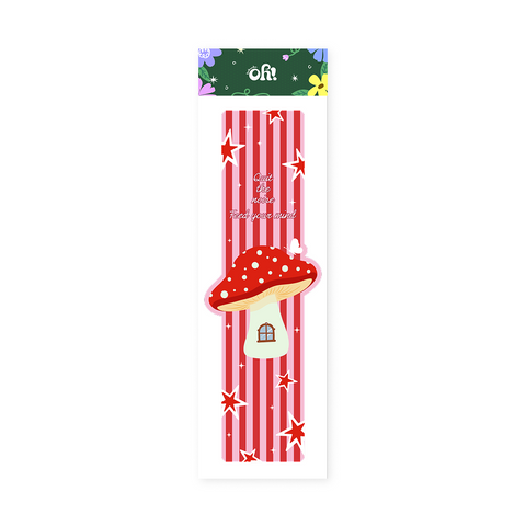 Red stripe mushroom house shaped bookmark with whimsical cottage artwork