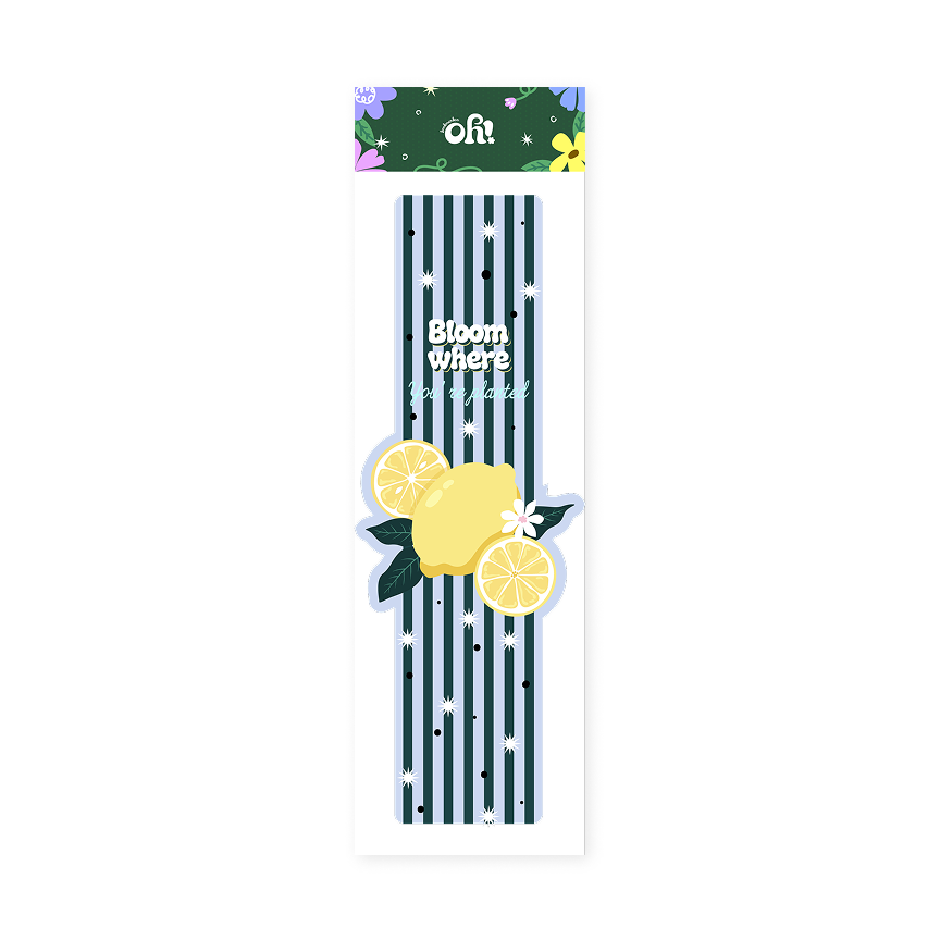 Bloom Where You're Planted lemon shaped bookmark with dark stripe design