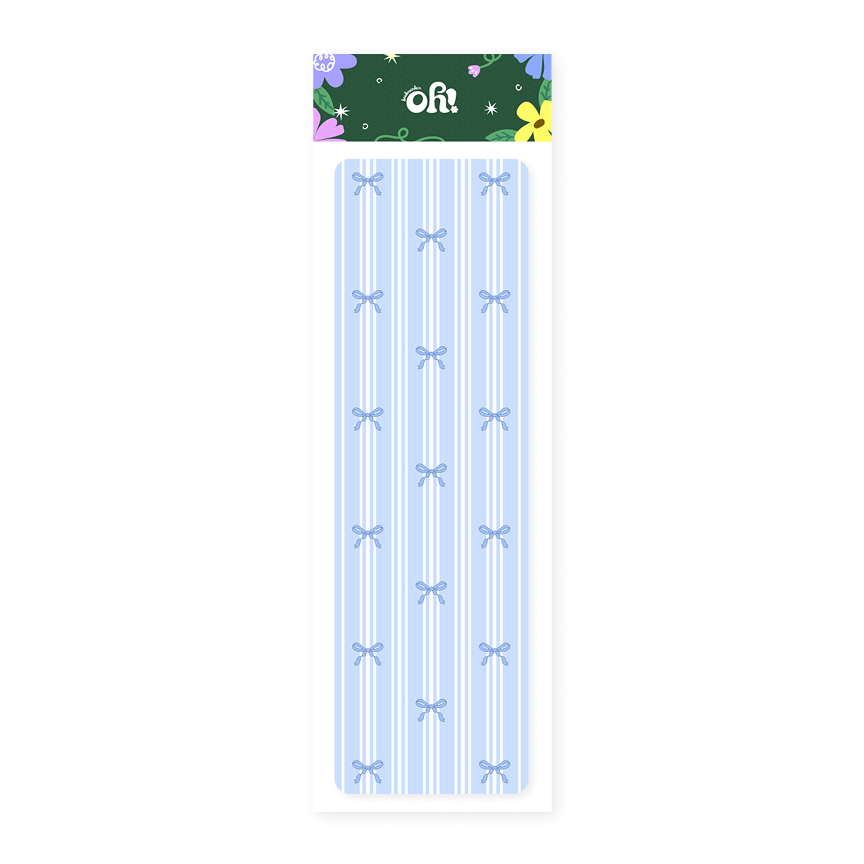 Blue bow stripe holographic bookmark with illustrated bow pattern