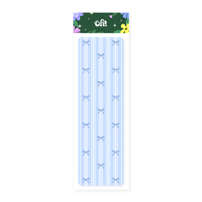 Blue bow stripe holographic bookmark with illustrated bow pattern