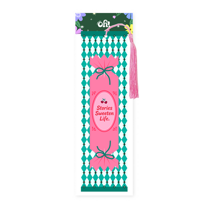 Stories Sweeten Life candy tassel bookmark with harlequin design