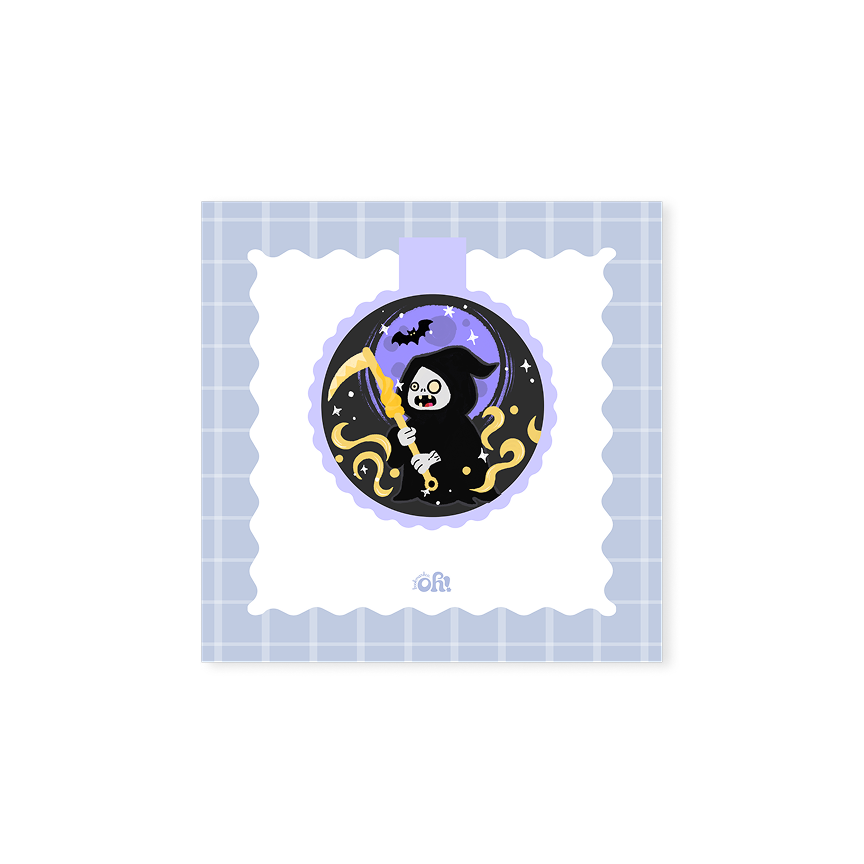 Grim Reaper Moon holographic magnetic bookmark with a black-robed skeleton, golden scythe, purple moon and bat