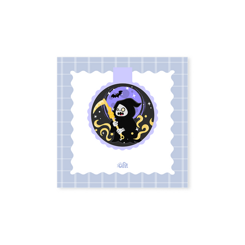 Grim Reaper Moon holographic magnetic bookmark with a black-robed skeleton, golden scythe, purple moon and bat