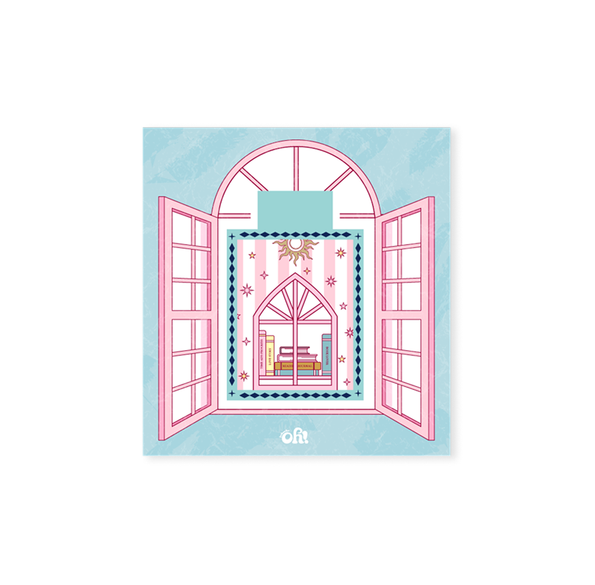 Pink book stack magnetic bookmark with arch illustration