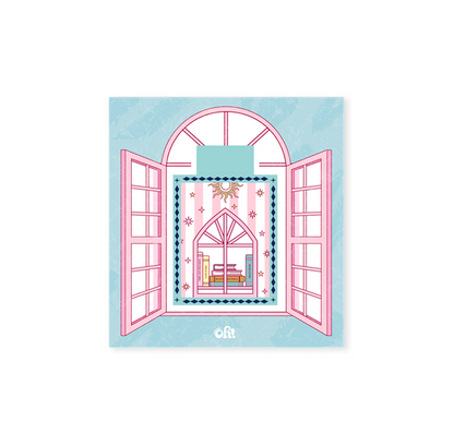 Pink book stack magnetic bookmark with arch illustration