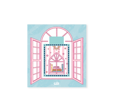 Pink book stack magnetic bookmark with arch illustration