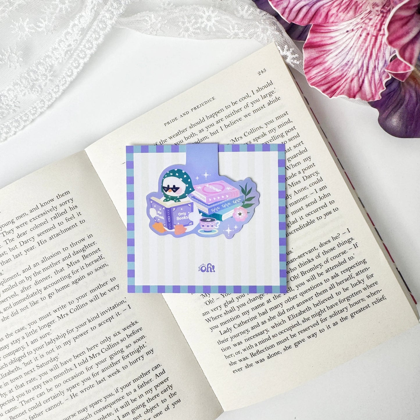 Bookish duck magnetic bookmark used as a page marker