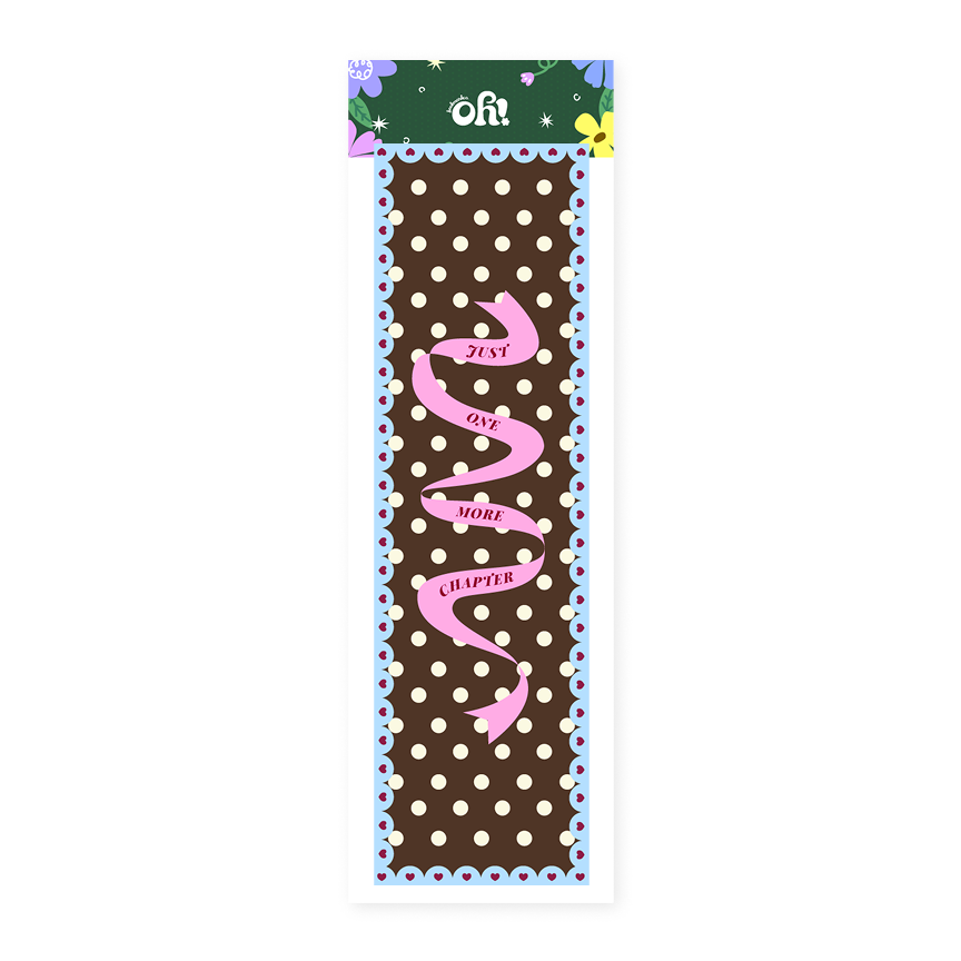 Just One More Chapter ribbon classic bookmark with brown polka dot design