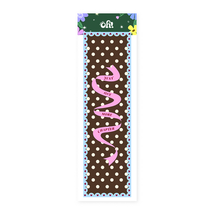 Just One More Chapter ribbon classic bookmark with brown polka dot design