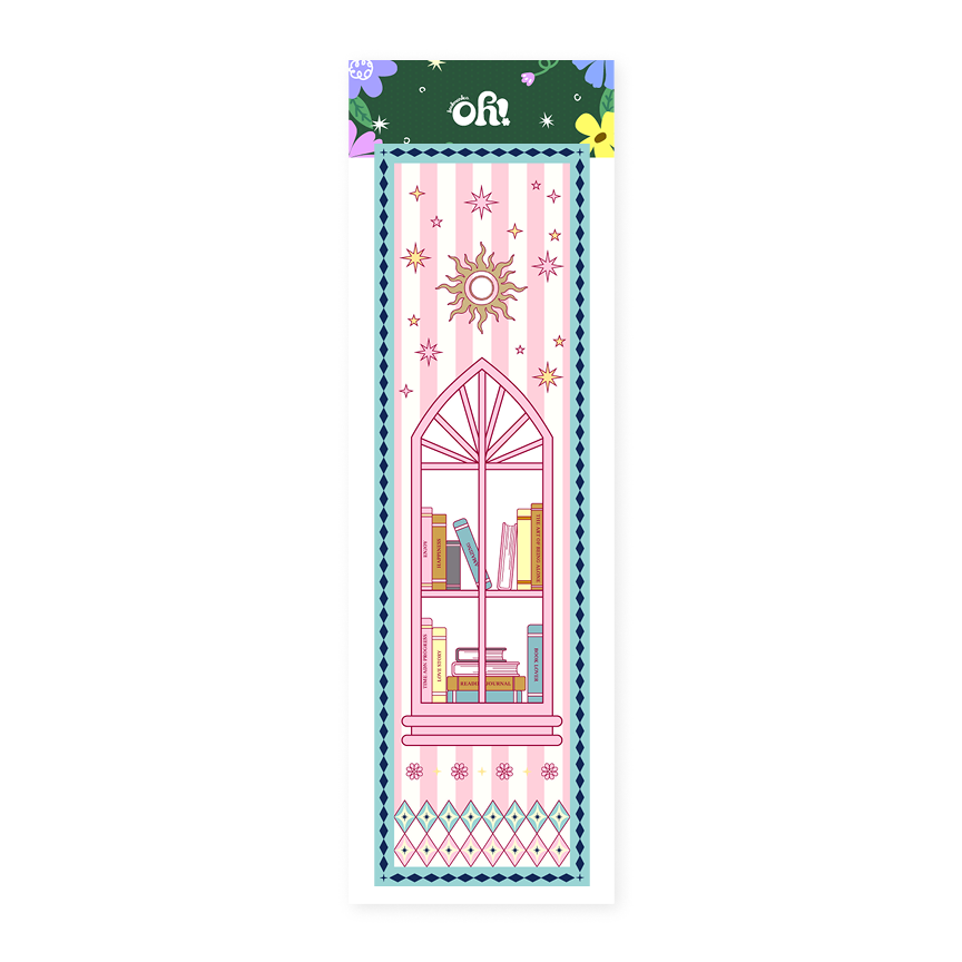Pink book stack classic bookmark with arch illustration