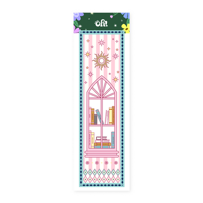 Pink book stack classic bookmark with arch illustration