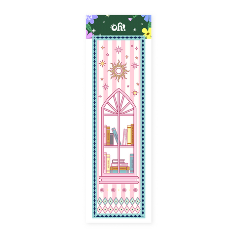 Pink book stack classic bookmark with arch illustration