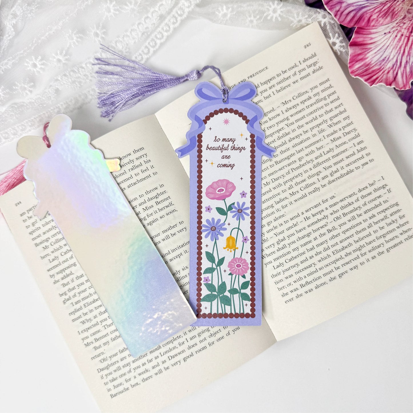 Blooming Garden bookmark front and holographic back shown together
