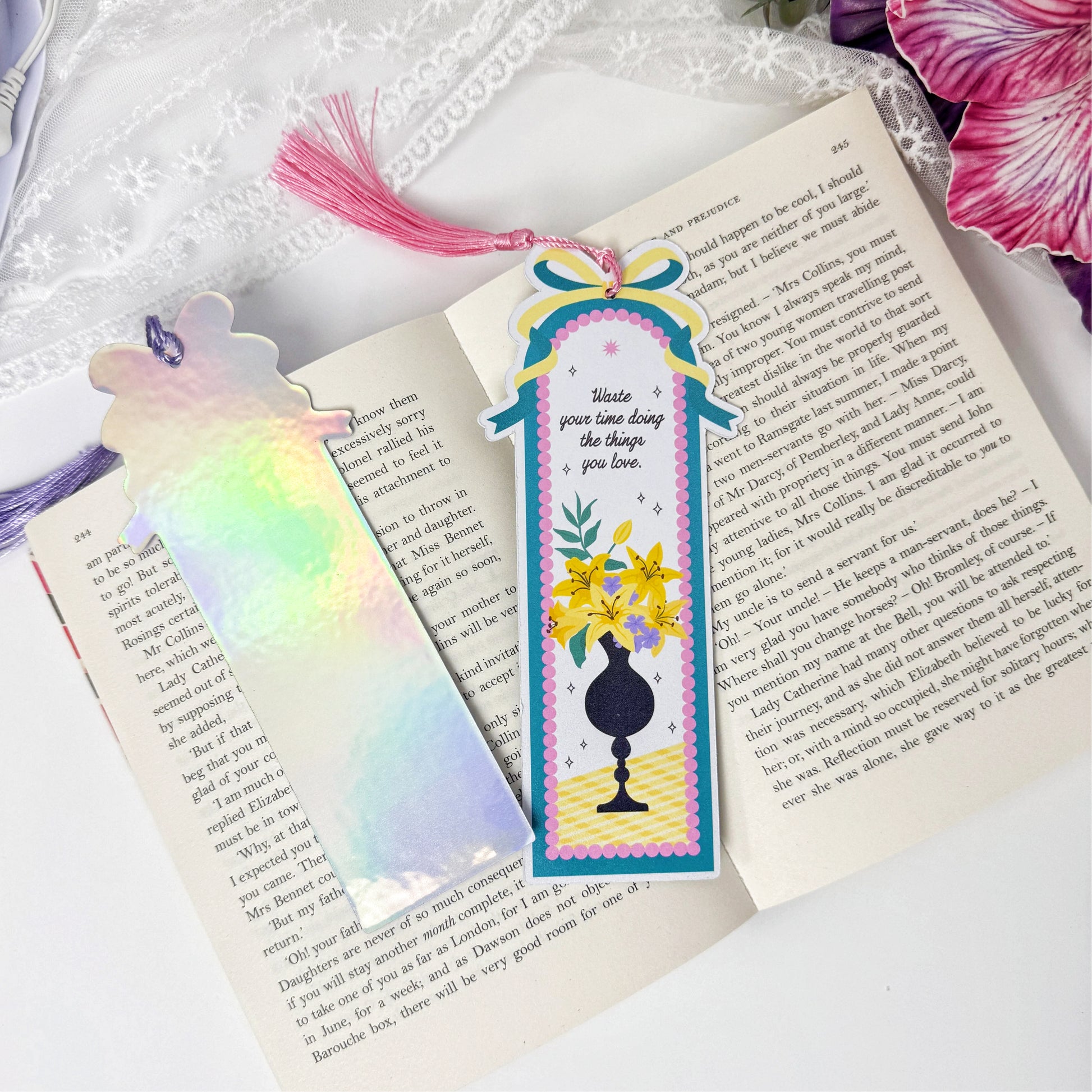 Golden Vase bookmark front and holographic back shown together