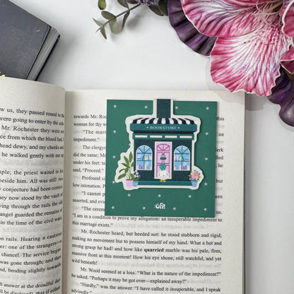 Duck's Little Bookshop magnetic bookmark shown open to reveal the green star-patterned reverse