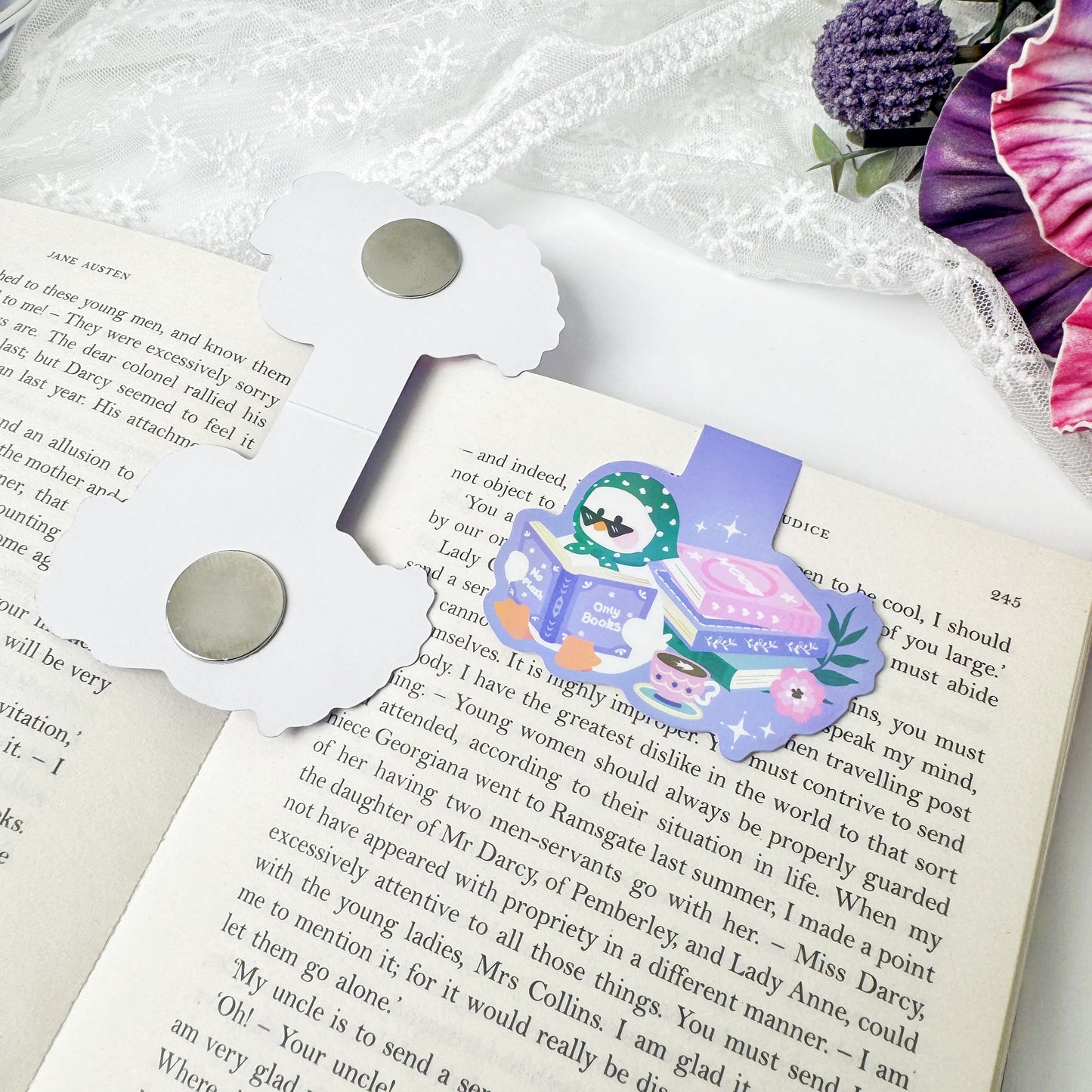 Front and back view of Bookish Duck magnetic bookmark showing magnetic closure