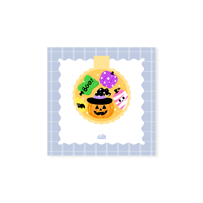 Halloween Candy Pumpkin holographic magnetic bookmark with a jack-o'-lantern, witch hat, candy and colorful pumpkins