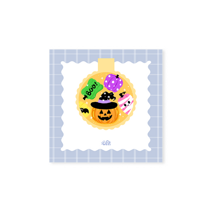 Halloween Candy Pumpkin holographic magnetic bookmark with a jack-o'-lantern, witch hat, candy and colorful pumpkins