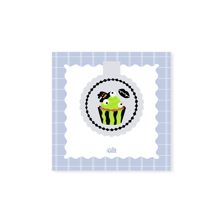 Monster Cupcake holographic magnetic bookmark with green frosting, candy eyeballs, a witch hat and spooky lips