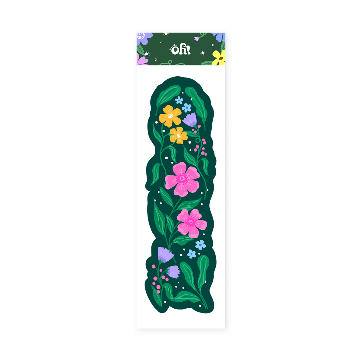 Garden in Bloom classic bookmark on its OhBookmark display card, with colorful flowers and leaves on a dark green background