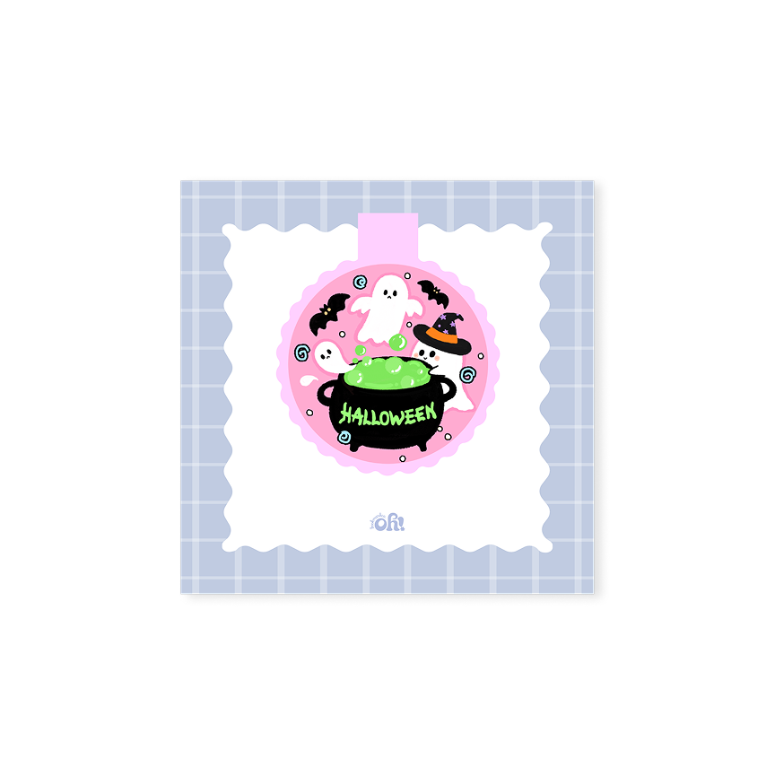 Ghost Cauldron holographic magnetic bookmark with bubbling green potion, white ghosts, a witch and black bats