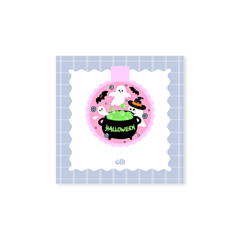 Ghost Cauldron holographic magnetic bookmark with bubbling green potion, white ghosts, a witch and black bats