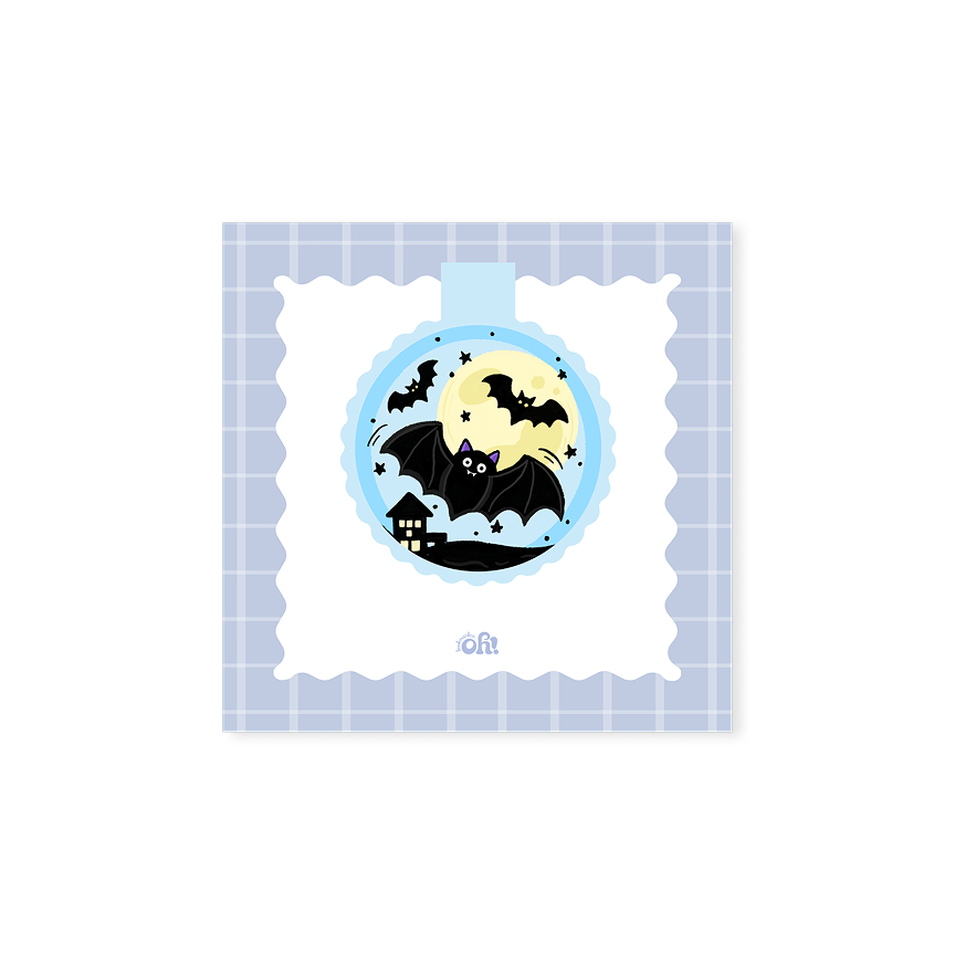 Full Moon Bat holographic magnetic bookmark with black bats flying over a haunted house against a yellow moon