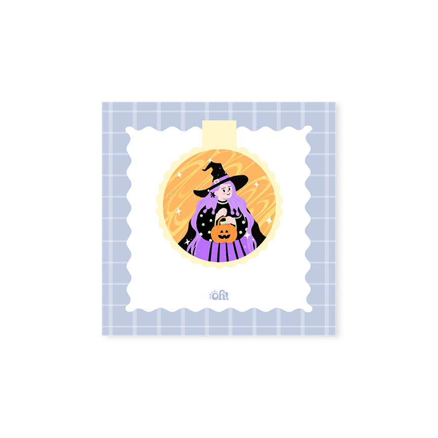 Purple Witch holographic magnetic bookmark with a purple-haired witch holding an orange jack-o'-lantern bucket