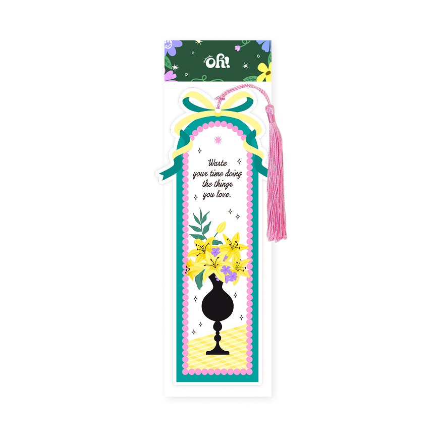 Golden Vase tassel bookmark with yellow flowers, teal bow, and pink tassel