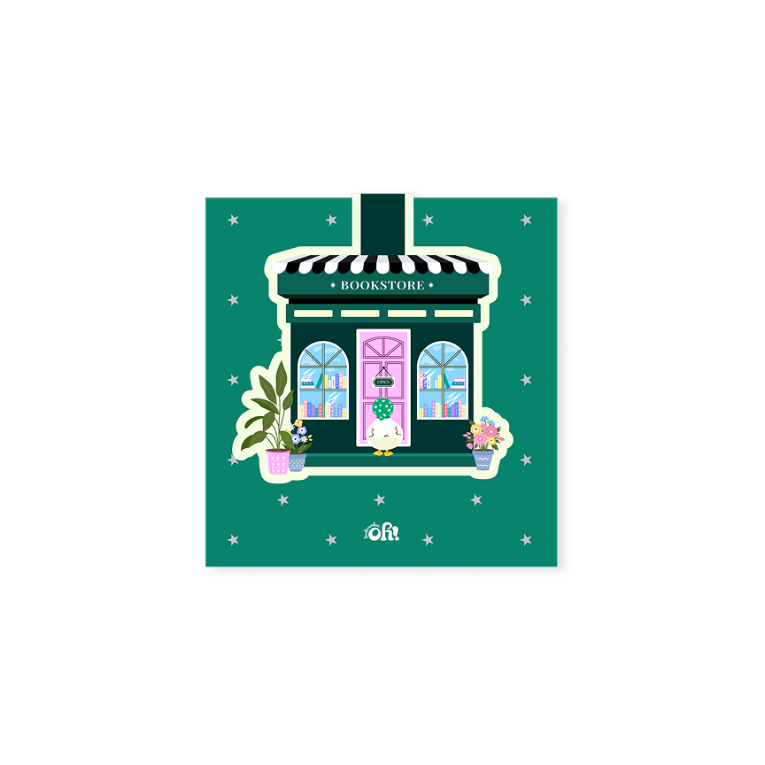 Duck's Little Bookshop magnetic bookmark with green storefront, pink door, and duck