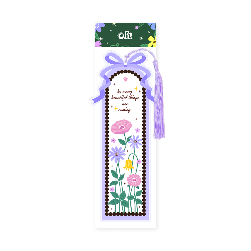 Blooming Garden tassel bookmark with purple bow, flowers, and lavender tassel