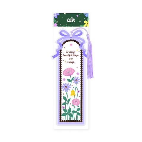 Blooming Garden tassel bookmark with purple bow, flowers, and lavender tassel