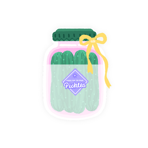 Made for the Page pickle jar bookmark set with four removable green cucumber bookmarks and a yellow bow