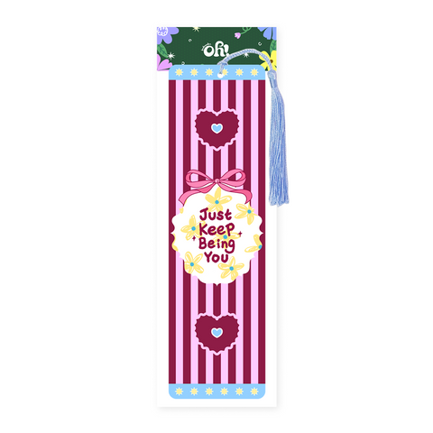 Just Keep Being You berry stripe tassel bookmark with quote artwork