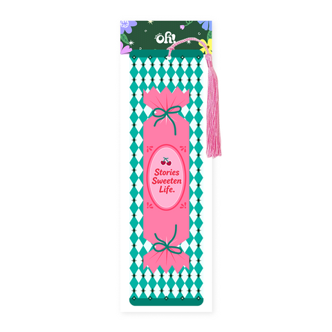 Stories Sweeten Life candy tassel bookmark with harlequin design