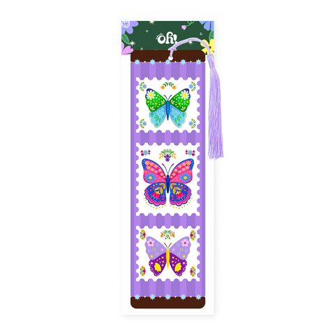 Butterfly stamp trio tassel bookmark with three illustrated butterfly stamps