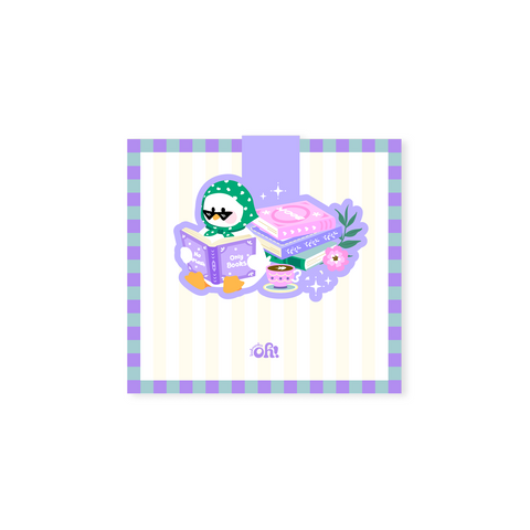 Bookish duck holographic magnetic bookmark with reading duck, books and teacup
