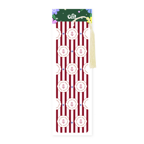 Burgundy stripe rose tassel bookmark with floral illustration