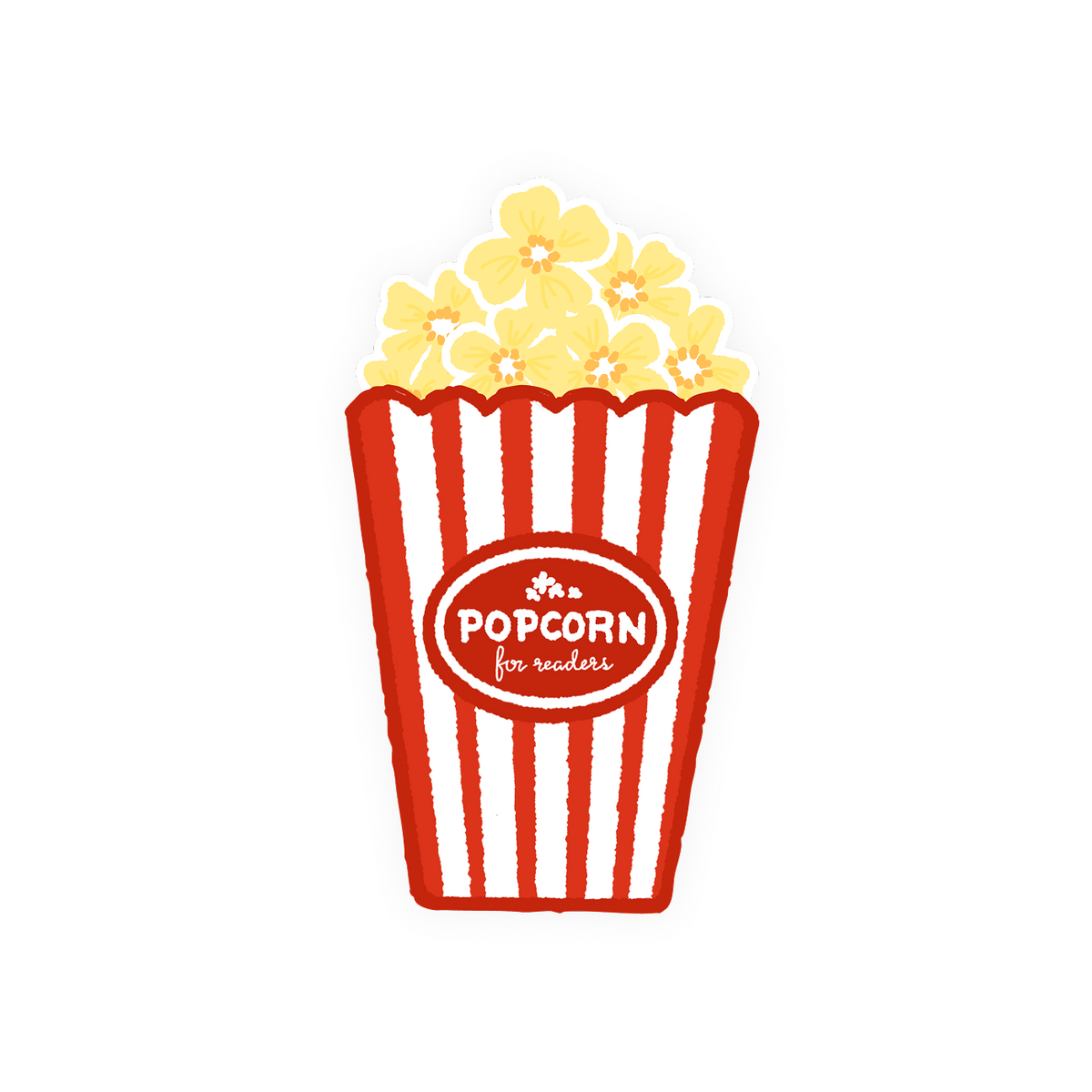 Popcorn for Readers bookmark set with three removable yellow popcorn bookmarks in a red and white striped bucket holder