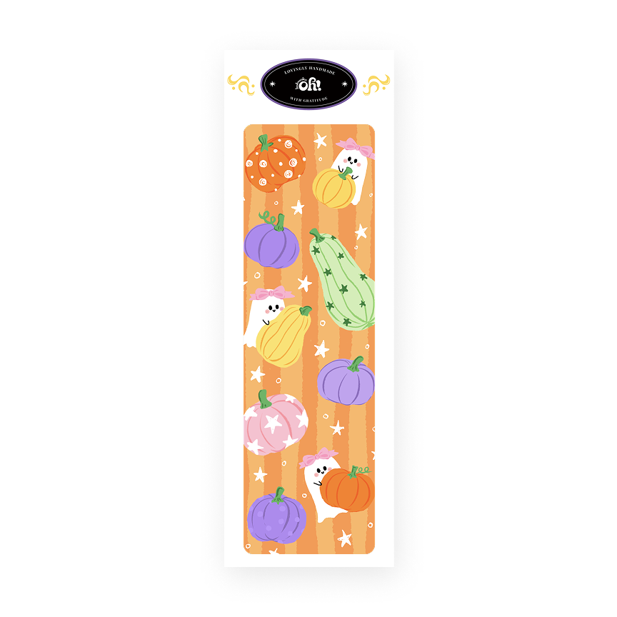 Spooky Season Cozy Pages classic bookmark cover with colorful pumpkins and ghosts