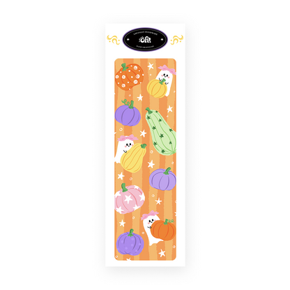 Spooky Season Cozy Pages classic bookmark cover with colorful pumpkins and ghosts