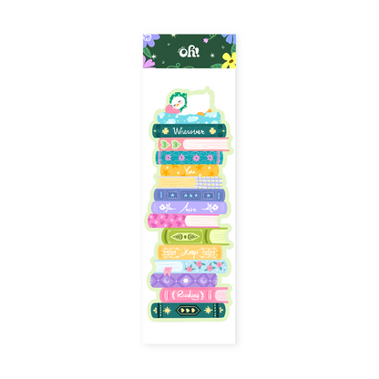 Wherever You Are book stack classic bookmark on an OhBookmark display card, with colorful books and a duck on top