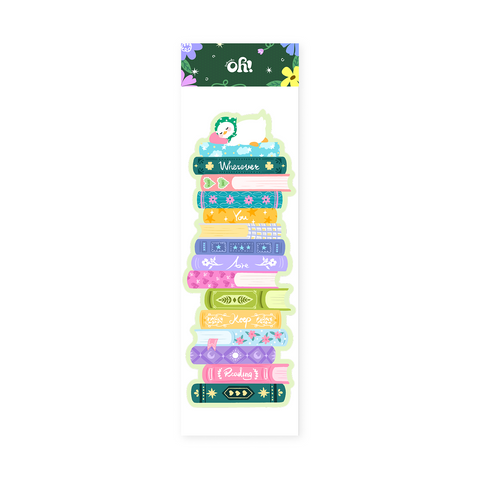 Wherever You Are book stack classic bookmark on an OhBookmark display card, with colorful books and a duck on top