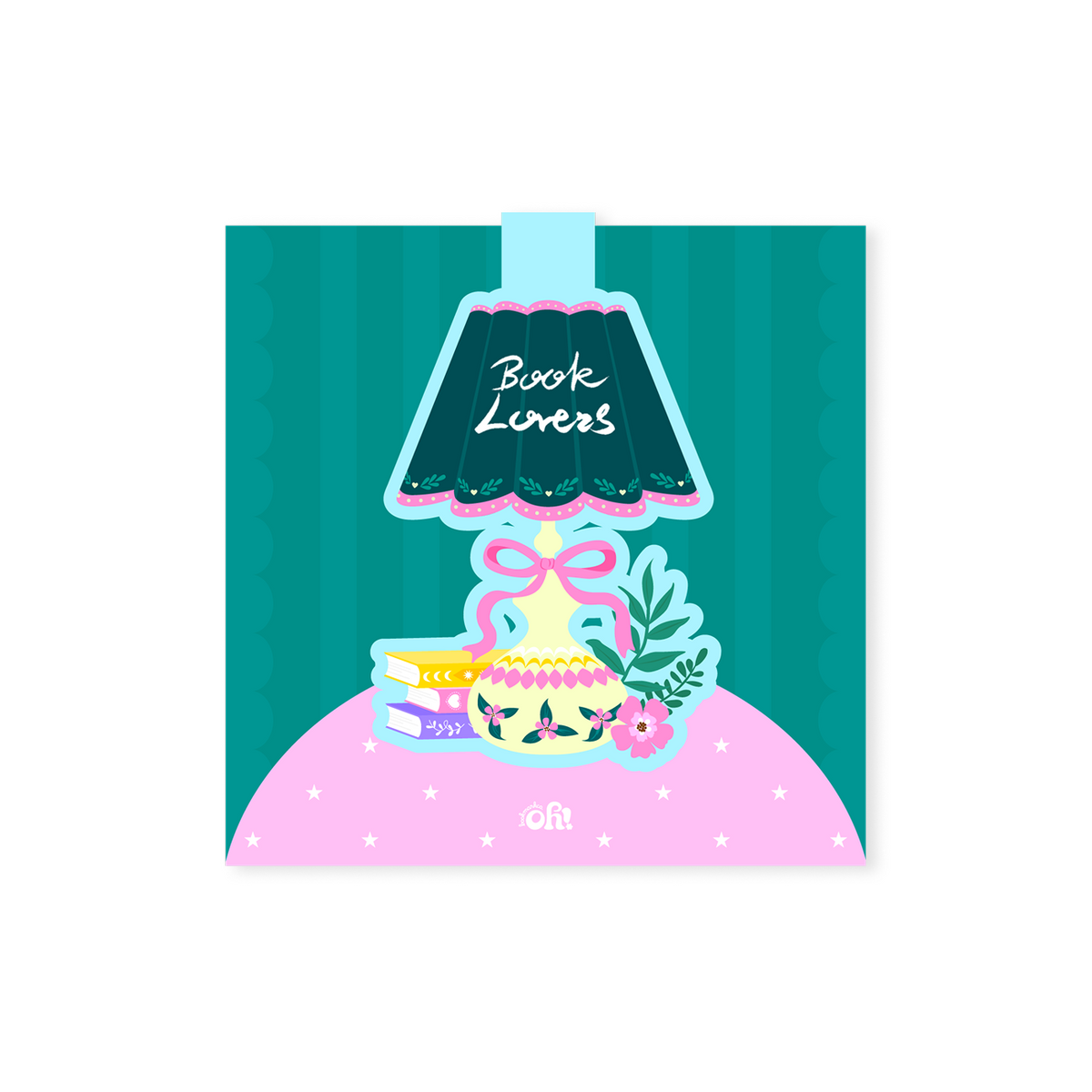 Book Lovers lamp-shaped magnetic bookmark with a dark green shade, pink bow, flowers and small book stack on an OhBookmark display card