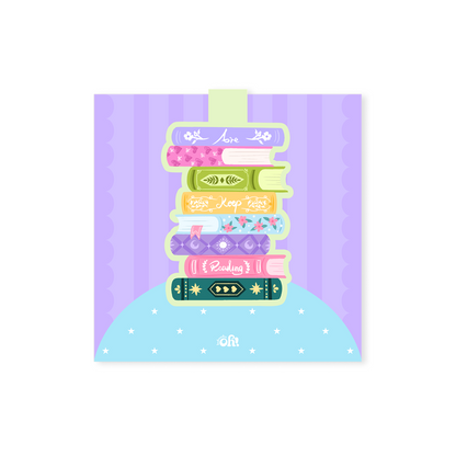 Just Keep Reading colorful book stack magnetic bookmark on a lavender OhBookmark display card